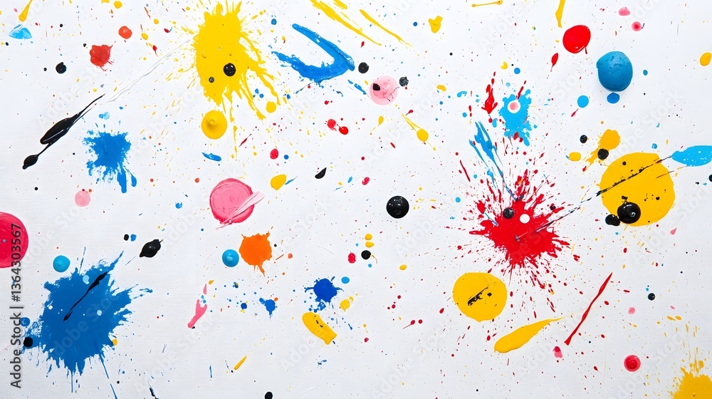 Poster A vibrant and dynamic abstract background featuring bold splashes of multicolored paint against a crisp white canvas