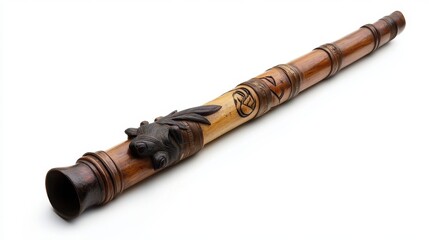 A decorated wooden wind instrument lying on a white surface