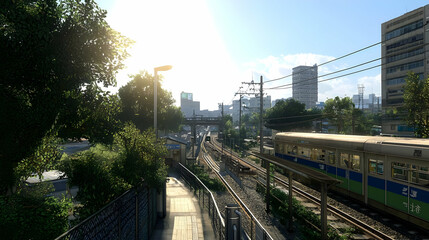 Naklejka premium Urban Train Station Scene With Sunny Daylight