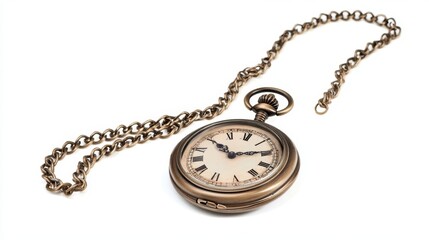 An antique pocket watch rests with a decorative chain alongside