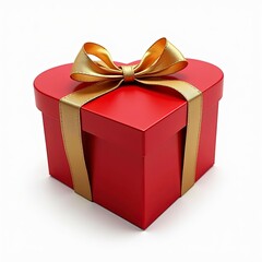 Red heart-shaped gift box with golden ribbon isolated on white background