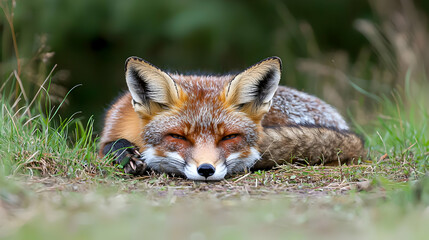 Fototapeta premium Sleeping Red Fox In Grassy Meadow