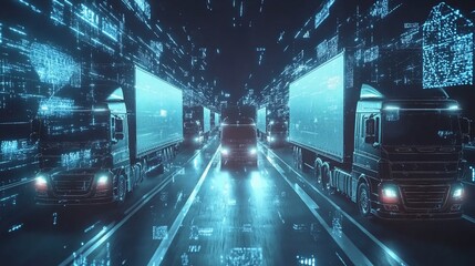 Digital trucking convoy, data highway, futuristic logistics