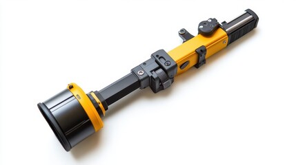 A yellow and black extendable tool with attachments on white background