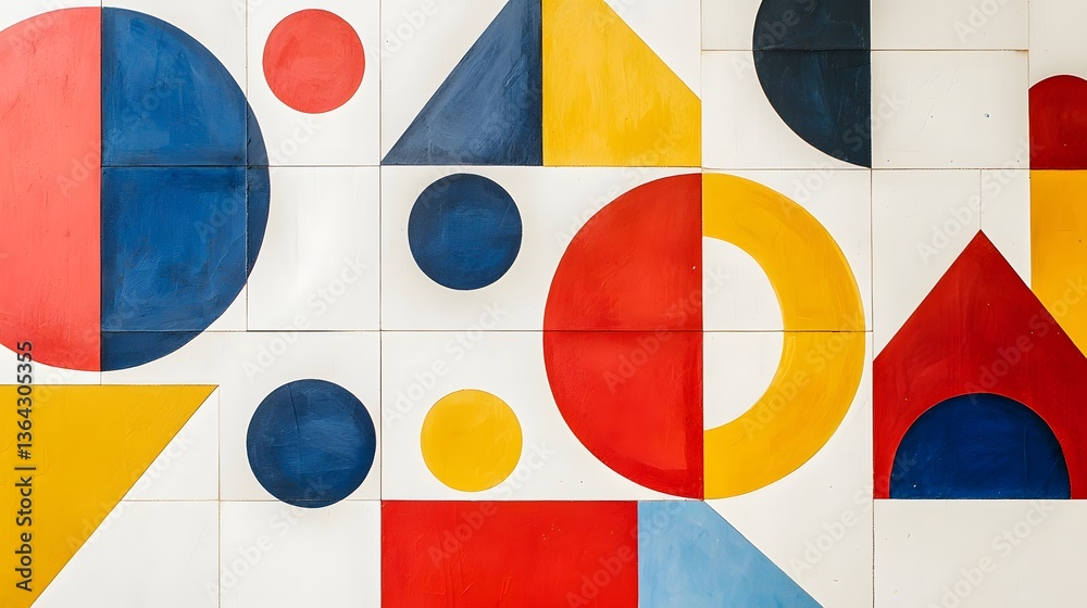 Poster Boldly stacked squares circles and triangles in vibrant primary color tones create a crisp minimalistic geometric composition