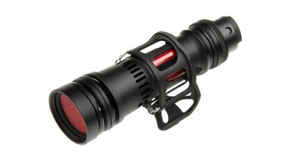 A black cylindrical device featuring a protective cage and red filter