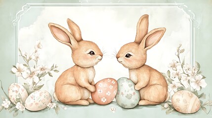 Obraz premium Easter bunnies with pastel eggs, and flowers.