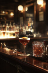 Wine and champagne glasses on a bar table with reflections and a candle, creating a luxurious and celebratory atmosphere
