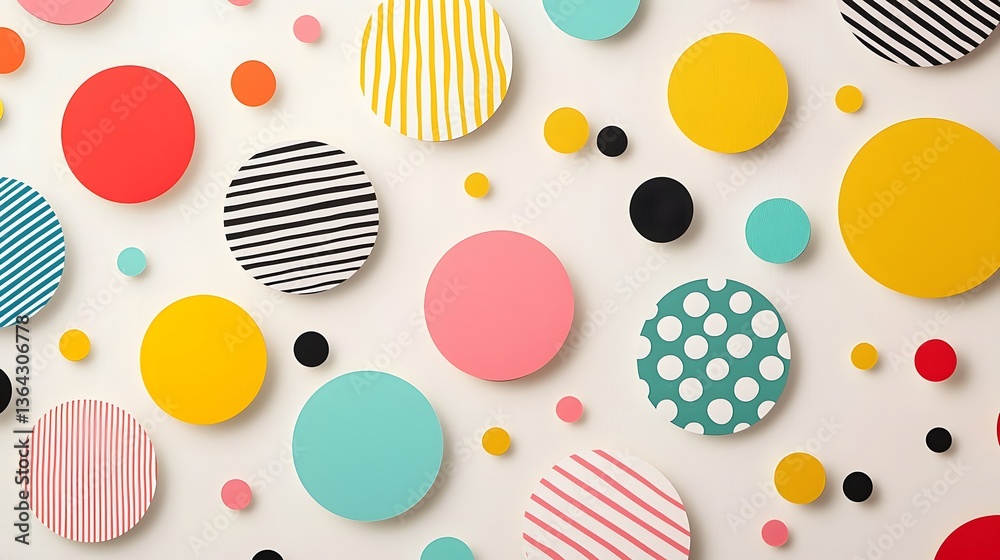 Aufkleber Visually striking abstract design featuring an array of playful geometric shapes including dots circles and stripes in a vibrant color palette on a soft pastel background