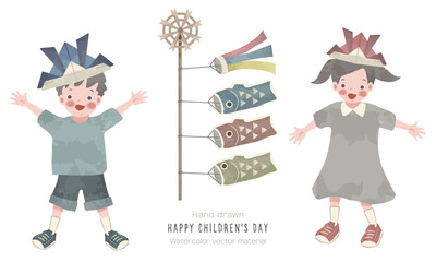 折り紙の兜をかぶった男の子と女の子（こどもの日のイラスト素材）