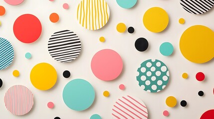 Visually striking abstract design featuring an array of playful geometric shapes including dots circles and stripes in a vibrant color palette on a soft pastel background
