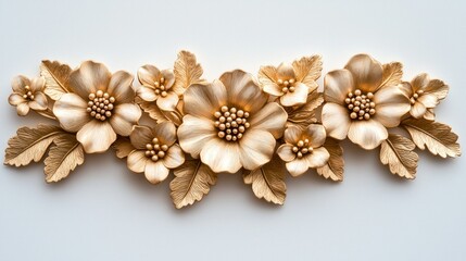 Golden floral ornament with stylized petals, stamen, and leaves on white
