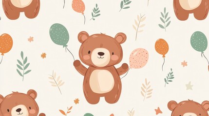 Obraz premium Cute Brown Bear Balloons Seamless Pattern.