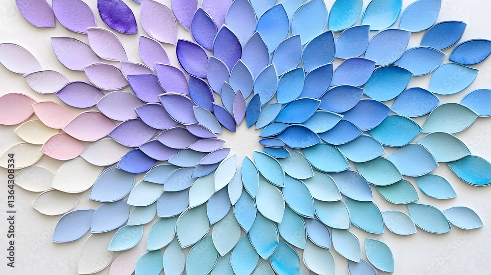 Aufkleber A visually stunning abstract background featuring a radial pattern of overlapping petals or leaves in a harmonious blend of soft calming blue and purple watercolor tones