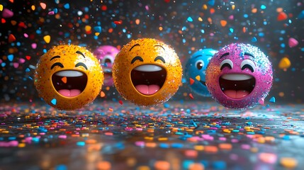 Colorful laughing emoji characters with confetti celebrating joy and fun