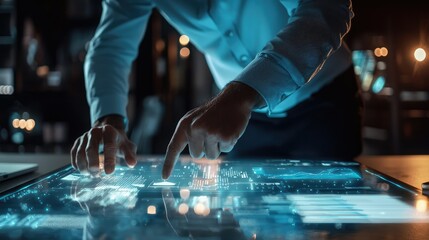 Consultant pointing at a holographic digital sales tax invoice during a meeting