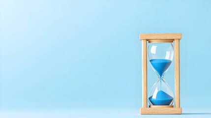 Wooden Hourglass With Blue Sand On Light Blue Background