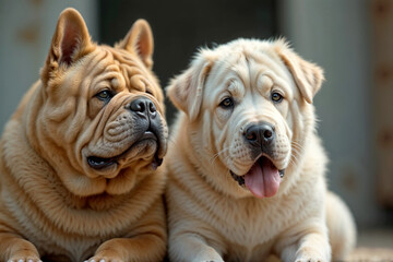 Two Shar Pei puppies relaxing together in a sunny outdoor setting  