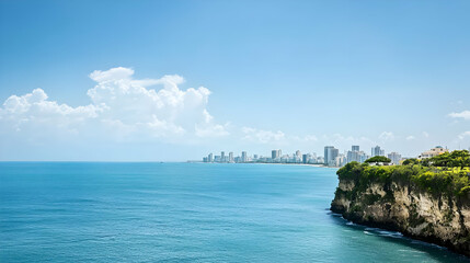 Fototapeta premium Coastal Cityscape With Turquoise Water And Light Blue Sky