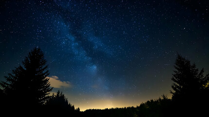 Fototapeta premium Dark Blue Night Sky With Bright Stars And Silhouetted Trees Scenic Landscape