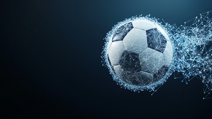 Fototapeta premium Soccer Ball of Light: A dynamic, artistic rendering of a soccer ball, composed of glowing particles, streaks across a dark background, creating a sense of motion, energy, and the thrill of the game. 