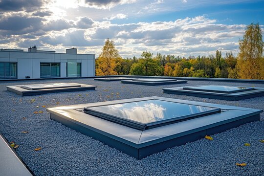 Flat roof covered with gravel, with skylights reflecting the cloudy sky. Perfect for architecture, construction or energy efficiency illustrations.