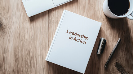 Leadership in Action: A well-composed, top-down photograph that includes leadership concept, business book, cup of coffee and a pen, setting the stage for a productive work.