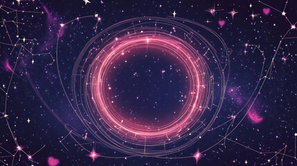 Obraz premium A cosmic design featuring swirling pink patterns and stars against a dark background.