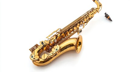 Obraz premium A shiny gold saxophone with its mouthpiece on white surface