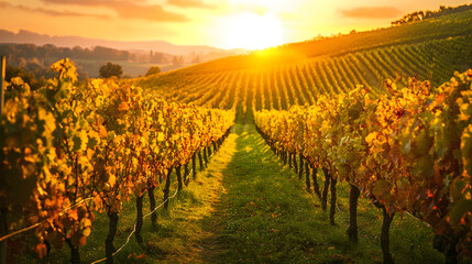 Golden autumn vineyard with rows of grapevines glowing in the sunset light