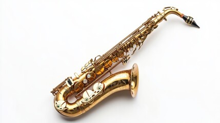 Fototapeta premium A golden saxophone placed on a plain white seamless background