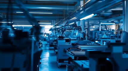 A bustling factory setting with rows of sleek blue and equipment working to manufacture various products illuminated by dramatic cinematic lighting creating a moody atmospheric environment