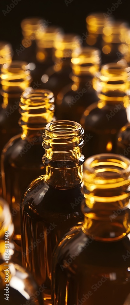 Wall mural neatly arranged rows of amber glass bottles with a modern cinematic lighting setup creating an elega