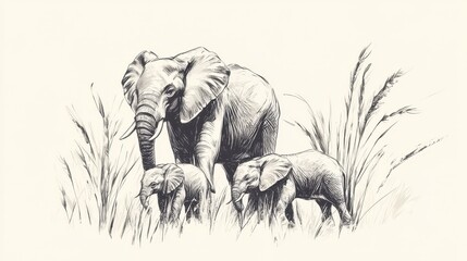 Fototapeta premium African Elephant Family with Savannah, Wildlife Art, and Sketch.
