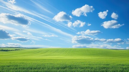 Fototapeta premium Natural landscape of green grassland with white clouds floating in the blue sky.