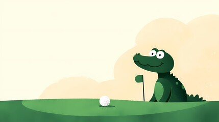 Obraz premium Cute Alligator Playing Golf, Cartoon alligator on a golf course, ready to putt.