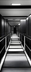 Fototapeta premium Interior view of a contemporary milk production facility featuring a clean well lit corridor with handrails and a monochrome color scheme