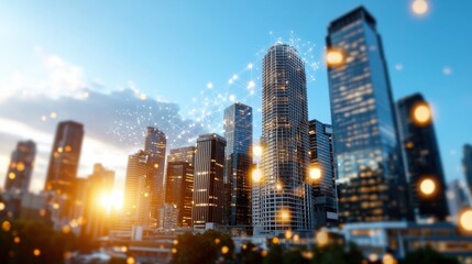 Breathtaking sunset view of a bustling modern city skyline with towering skyscrapers and glass fronted high rise buildings reflecting the warm evening sunlight in the financial and commercial