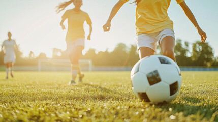 Dynamic Soccer Game: Two young female soccer players actively involved in a lively soccer game during a sunny day.
