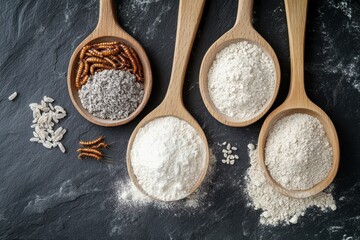 Wooden spoons filled with flour and edible insects on black stone. Concept for alternative protein sources and sustainable food production.