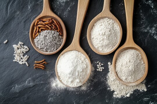 Wooden spoons filled with flour and edible insects on black stone. Concept for alternative protein sources and sustainable food production.