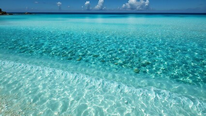 Crystal Clear Turquoise Water Under Bright Blue Skies on Sandy Shore