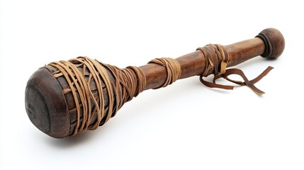Wooden club with leather and rope wrapped around its body