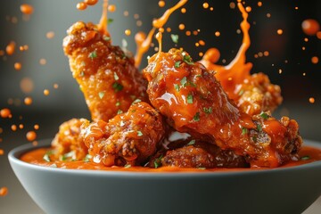 Delicious, juicy buffalo wings with sauce drizzle, and parsley garnish in gray bowl. Use for menus, blogs, or ads highlighting spicy food and fast food options.