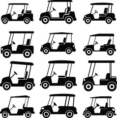 Golf car icon set.Sport, vehicle transport. Outline, Car for golfers. Passenger transportation. Golfcar silhouette design vector style in a golf club with a car icon,black golf car icon vector.