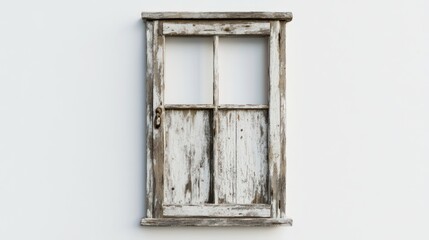 A weathered wooden window frame with a rustic appearance against a plain background.