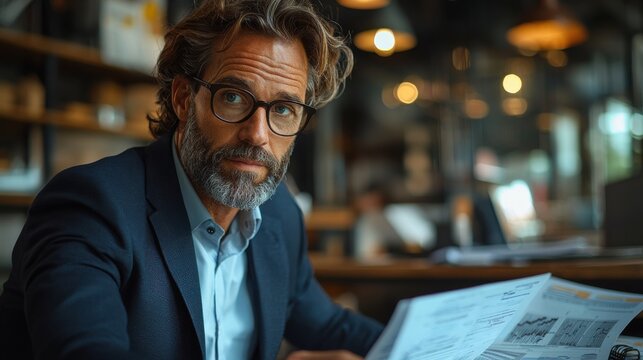 Bearded Man with Glasses Seated at a Table Deeply Engaged in Reading a Newspaper in a Cozy Dimly Lit Cafe or Restaurant Environment