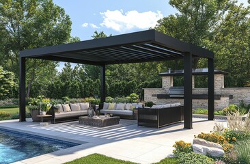 Modern Black Aluminum Pergola Over Patio Furniture Near Pool
