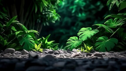 Lush Tropical Jungle  Monstera Leaves  Dark Green Foliage  Stones  Nature Background