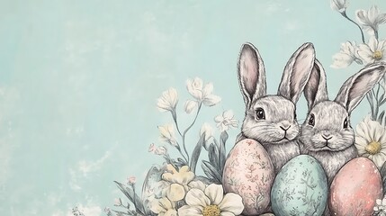 Obraz premium Easter bunnies with eggs, and flowers.